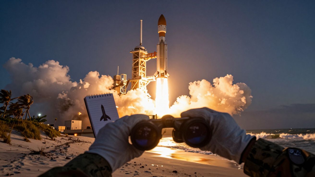 Pessoa com binóculos observa lançamento de foguetão ao pôr do sol, com bloco de notas desenhado ao lado.