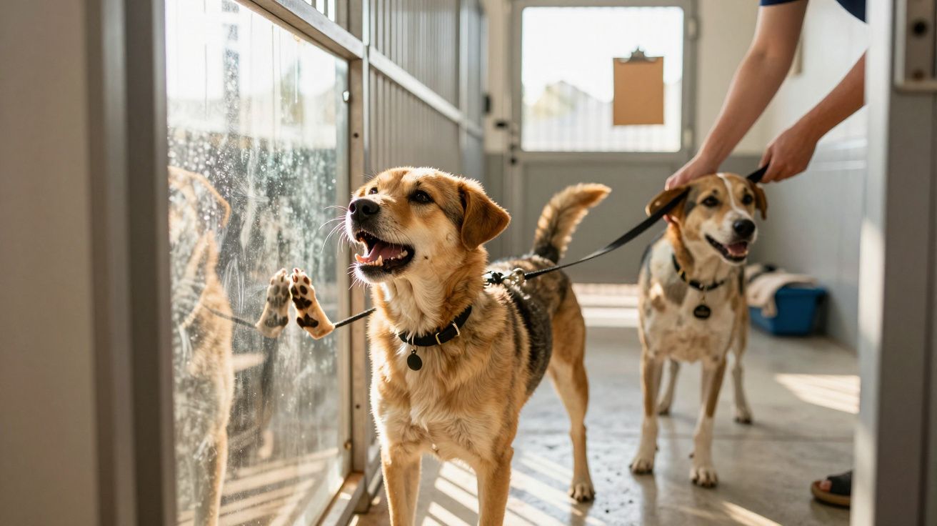 Dois cães na entrada de um canil, um com a pata na porta e outro segurado por uma trela.