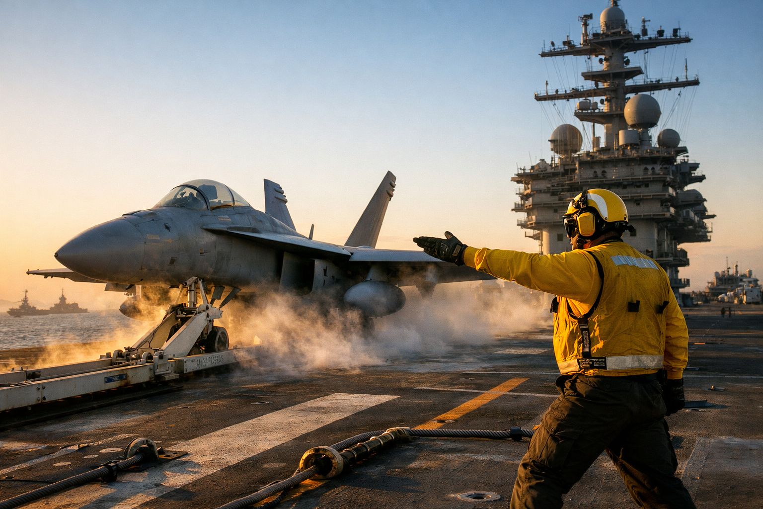 Pista de porta-aviões com jato a descolar ao pôr do sol; marinheiro gesticulando; navios ao fundo.