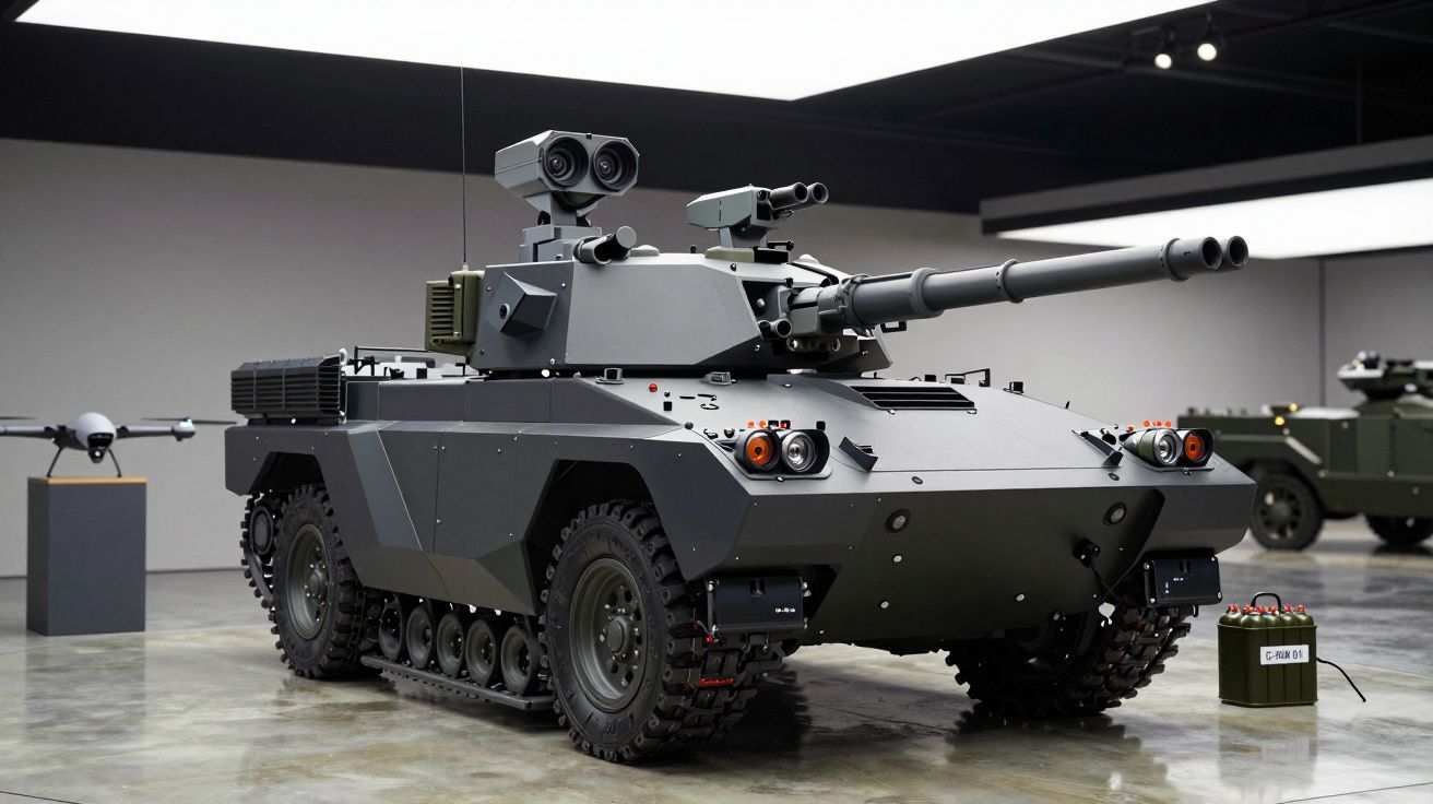 Veículo blindado de combate cinza num espaço moderno, com armas montadas e rodas em esteira.