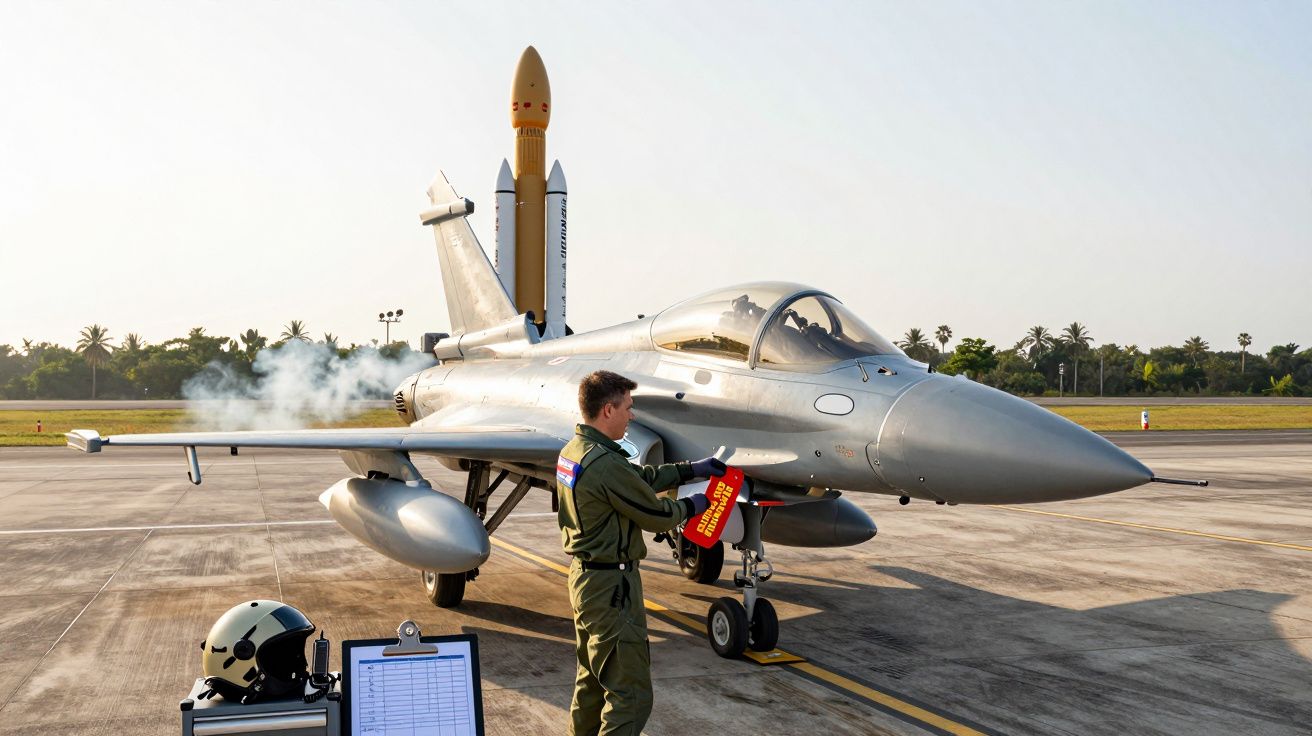 Piloto diante de um caça cinza na pista, com um foguete ao fundo e capacete e prancheta no chão.