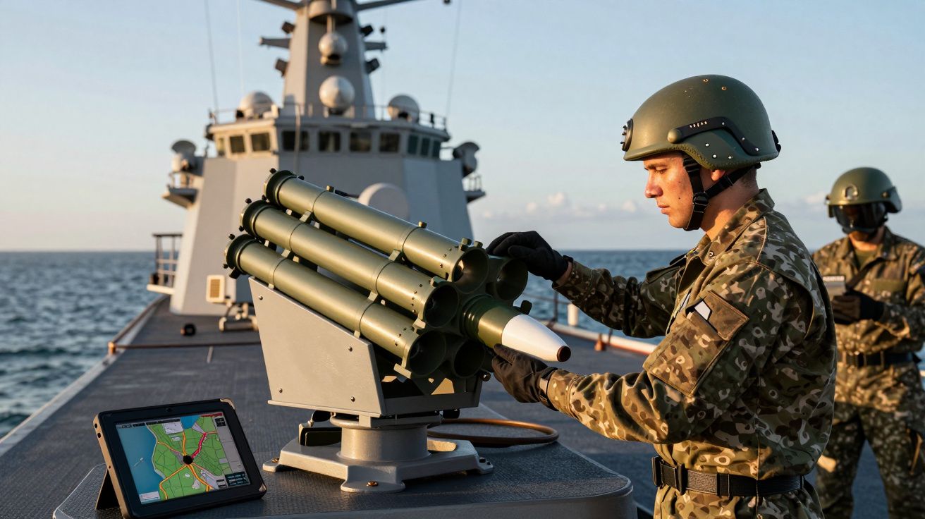 Soldado num navio configurando equipamento de lançamento de mísseis, com tablet mostrando mapa ao lado, mar ao fundo.