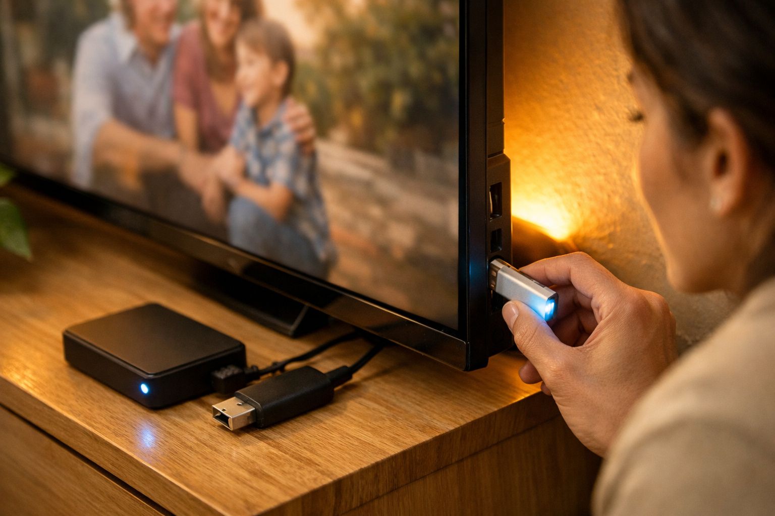 Pessoa a conectar dispositivo numa televisão com ecrã de videochamadas, sobre móvel de madeira com plantas e livros.