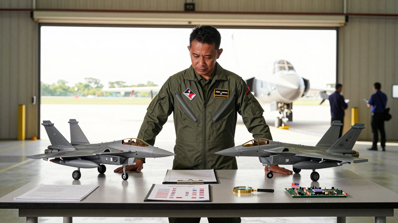 Homem de uniforme em hangar examina modelos de aviões de caça sobre mesa com documentos e ferramentas.