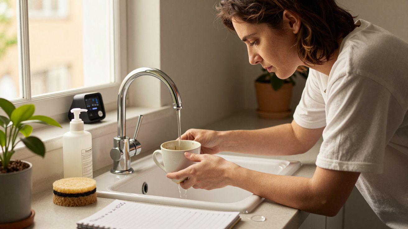 Pessoa a lavar uma chávena numa pia de cozinha, ao lado de uma planta e um bloco de notas.