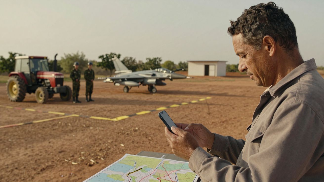 Homem consulta mapa e smartphone em pista de terra. Ao fundo, trator, militares e pequeno avião cinza.