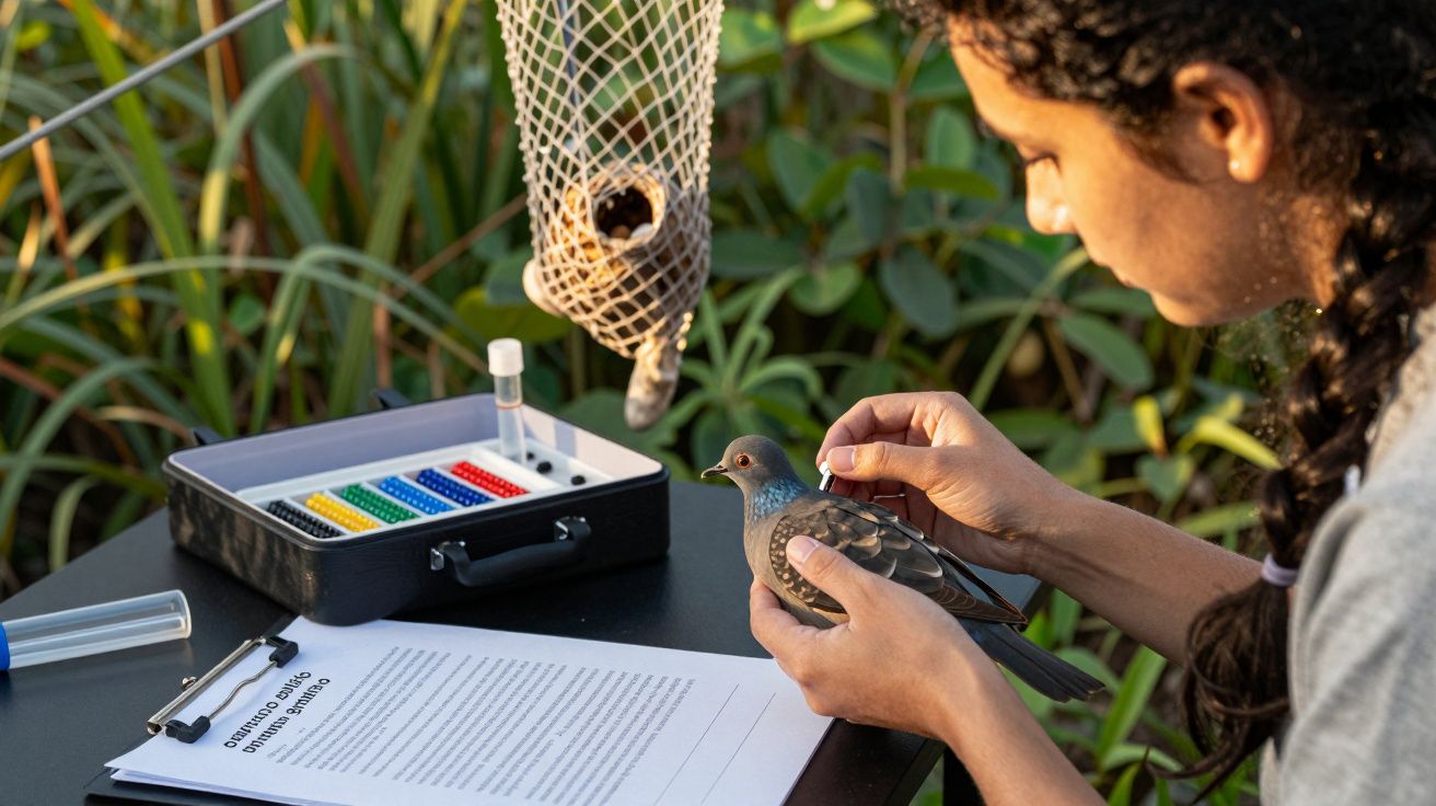 Mulher examina ave com materiais de pesquisa ao ar livre, incluindo tubos de ensaio e papelada.