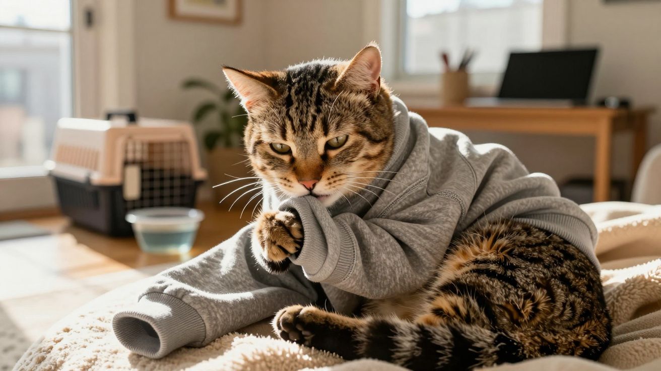 Gato deitado numa cama, usando um casaco cinza, lambendo a pata, com uma transportadora de animais ao fundo.