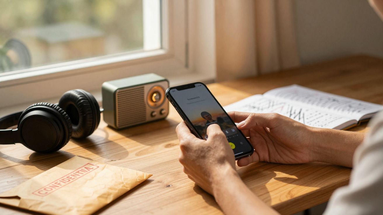 Pessoa usando smartphone numa mesa com auscultadores, rádio retro e envelope confidencial ao lado de uma janela.