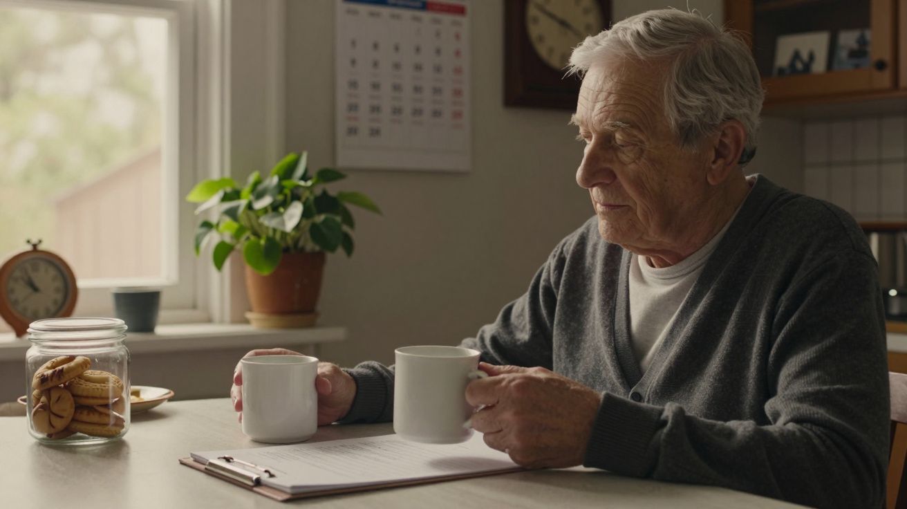 Idoso sentado à mesa com chávenas, biscoitos num frasco e um vaso de planta ao fundo.