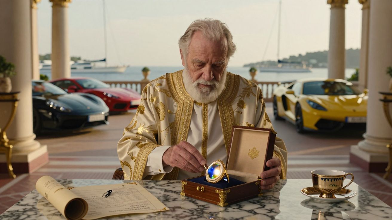 Homem idoso em roupão dourado observa objeto em caixa, com carros desportivos e iate ao fundo.