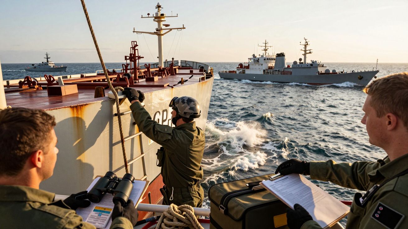 Marinheiros inspecionam navio com binóculos e pranchetas; barcos de guerra ao fundo no oceano.