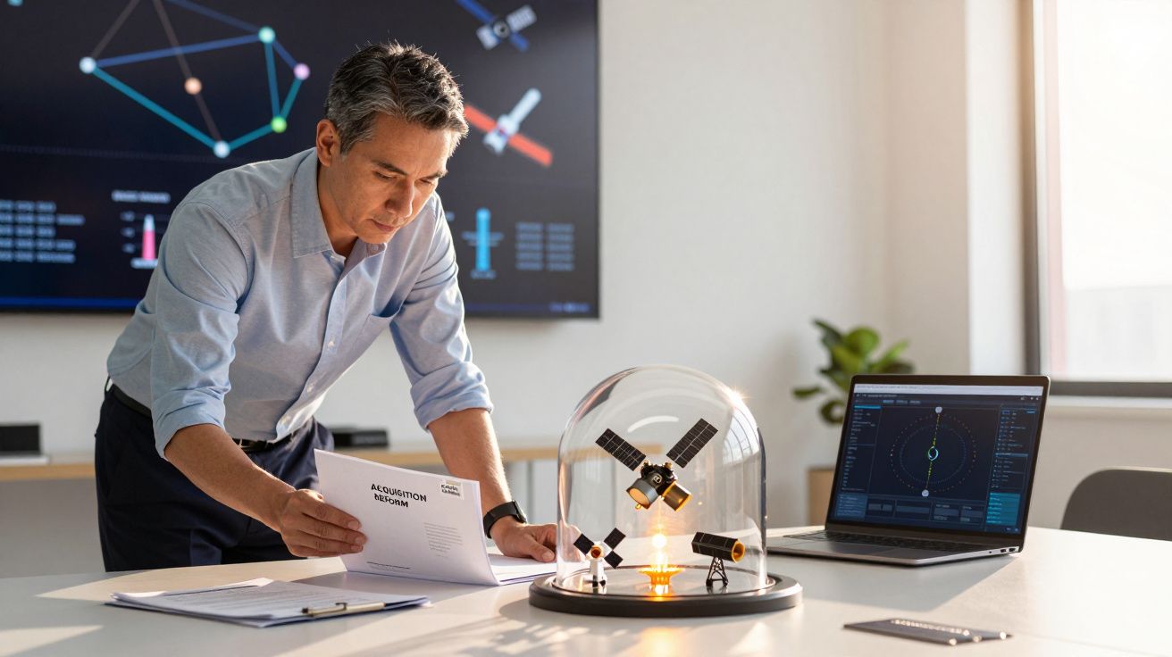 Homem analisa documento numa sala com mesa, maquete de satélites e portátil aberto. Tela com gráficos ao fundo.