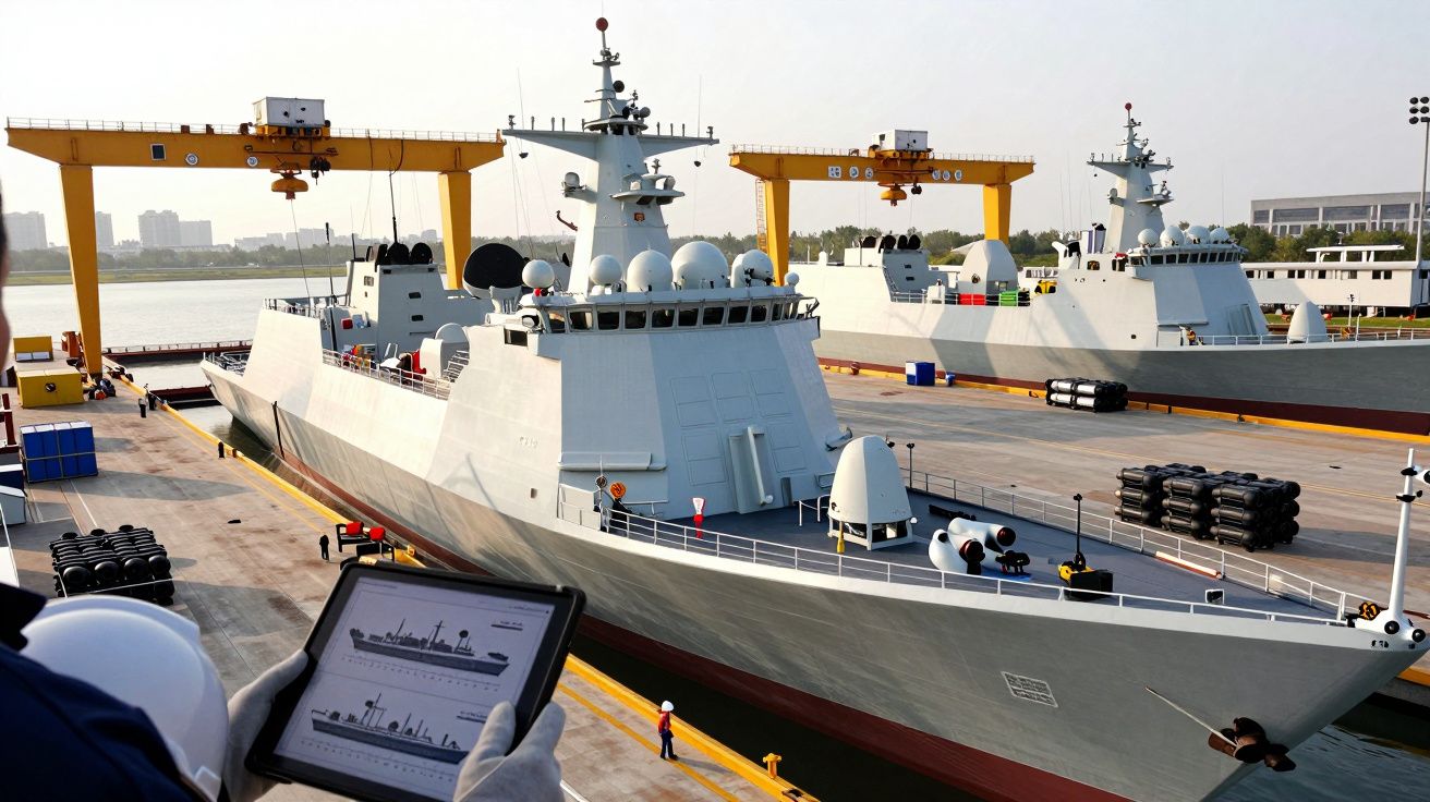 Navio militar em doca com guindastes ao fundo; trabalhador segura tablet com imagem do navio em construção.