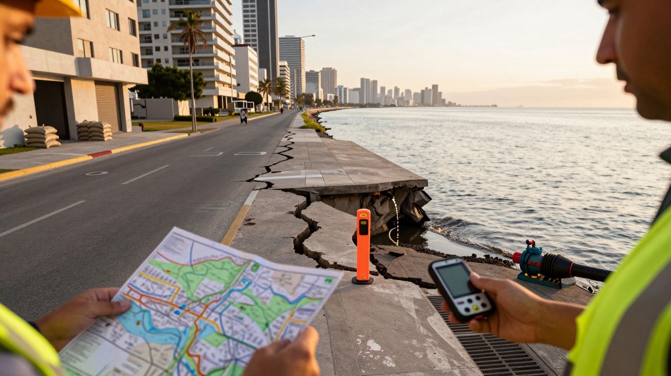 Dois trabalhadores observam um mapa e um GPS junto a uma estrada costeira com fissuras e erosão.