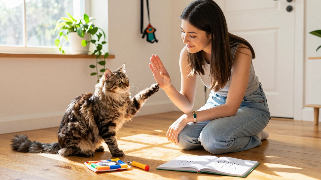 Mulher jovem a fazer high five com um gato tigrado numa sala iluminada, com plantas e um caderno no chão.