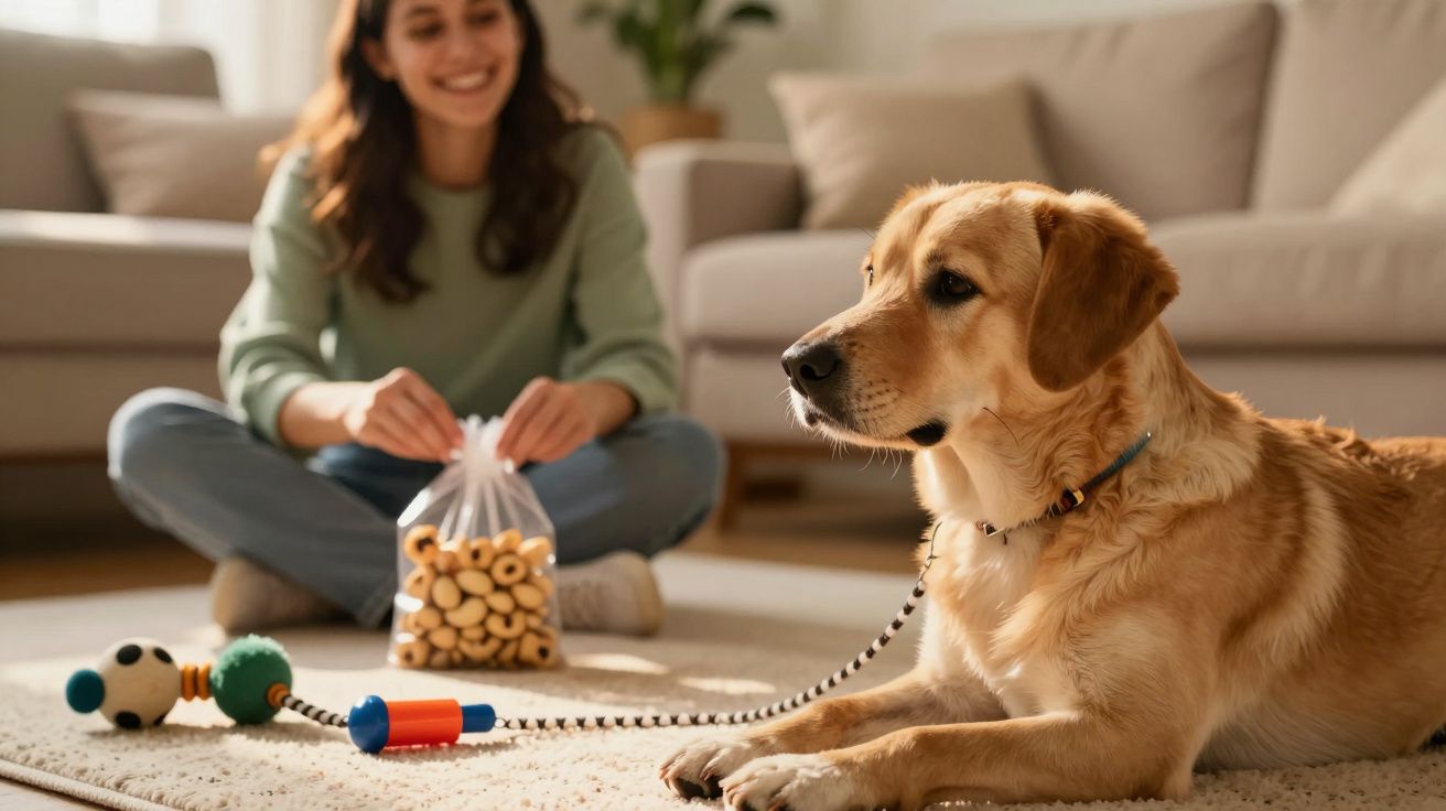 Cão labrador deitado no tapete com brinquedos, enquanto uma mulher segura um saco de biscoitos ao fundo.