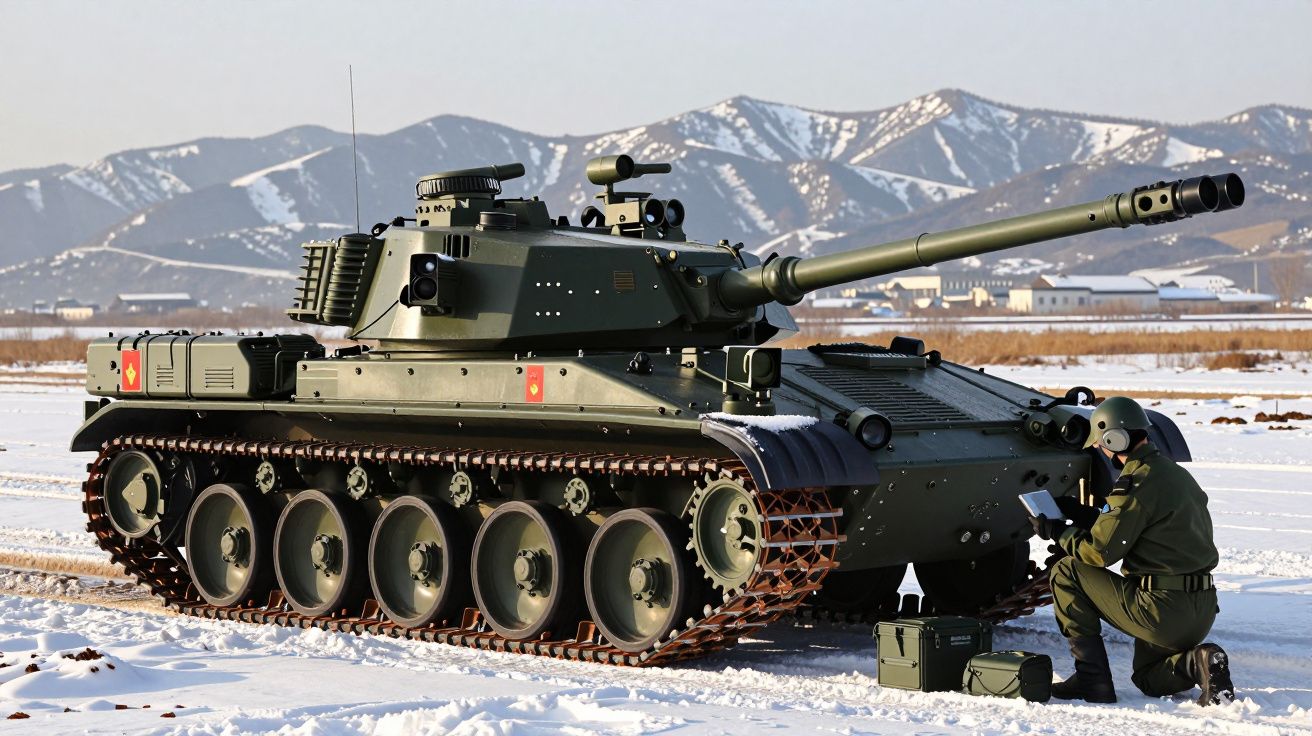 Tanque militar em solo nevado com militar ajoelhado a ajustar equipamento; montanhas ao fundo.