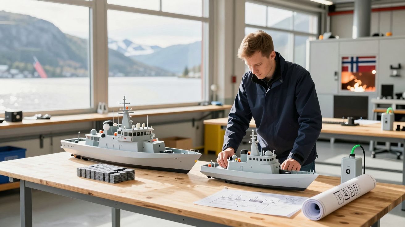 Homem a trabalhar em modelos de navios numa oficina com vista para um lago e montanhas ao fundo.