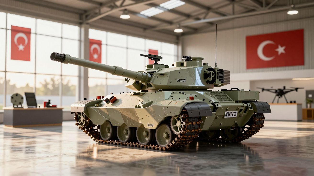 Tanque militar verde em exposição num hangar iluminado, com bandeiras da Turquia ao fundo.
