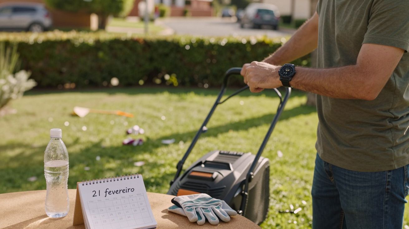 Homem a cortar a relva no jardim, com garrafa de água, luvas e calendário em 21 de fevereiro sobre a mesa.