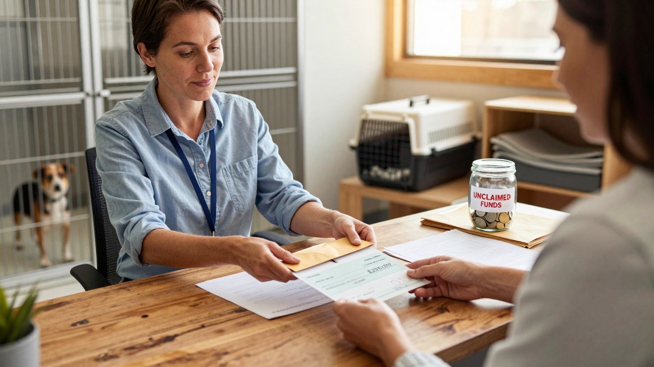 Mulher entrega envelope a outra em mesa de escritório. Ao fundo, jarra com moedas e caixas de transporte de animais.