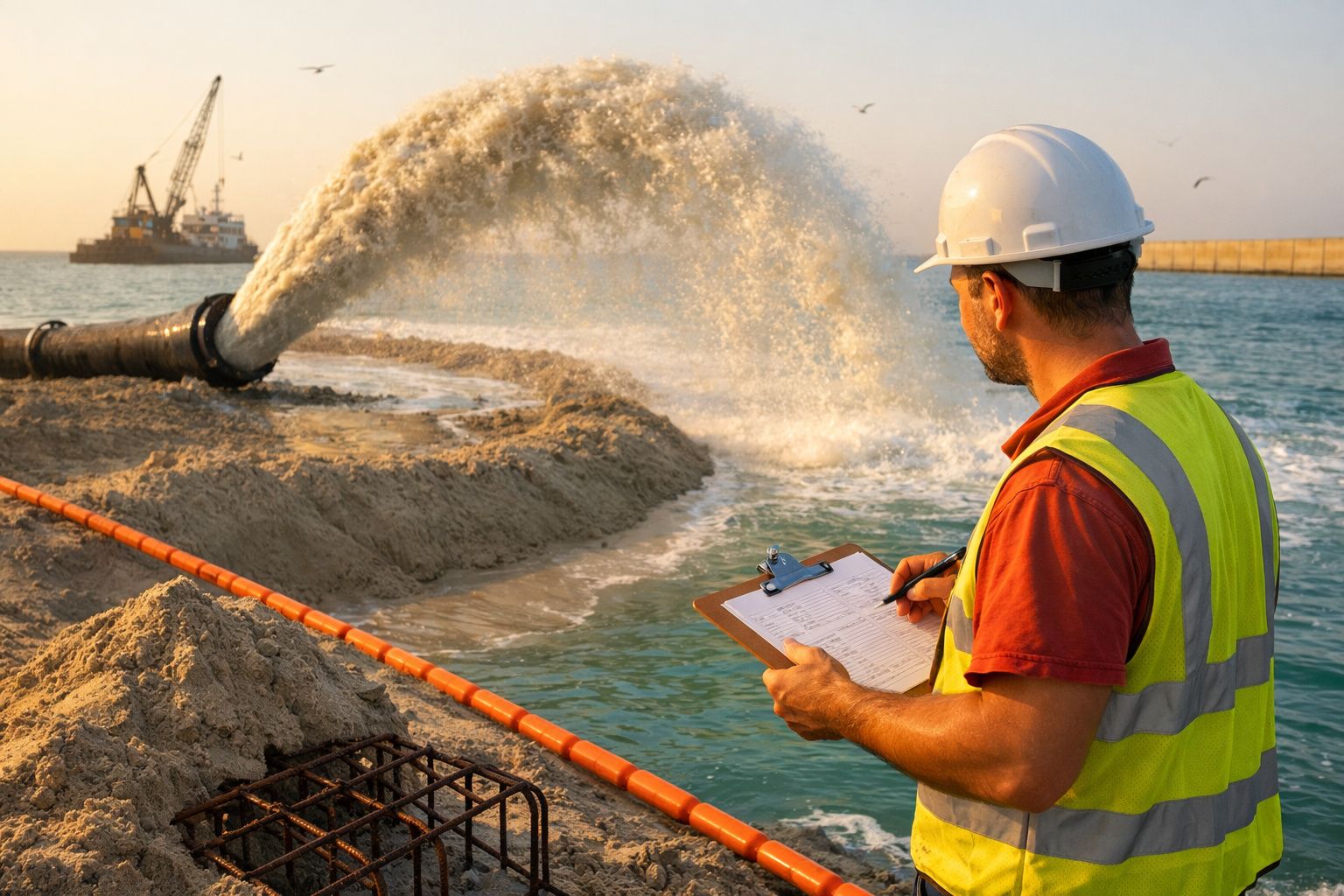 Navio despeja areia no mar para expandir terreno, com escavadora em praia e barcos no horizonte.