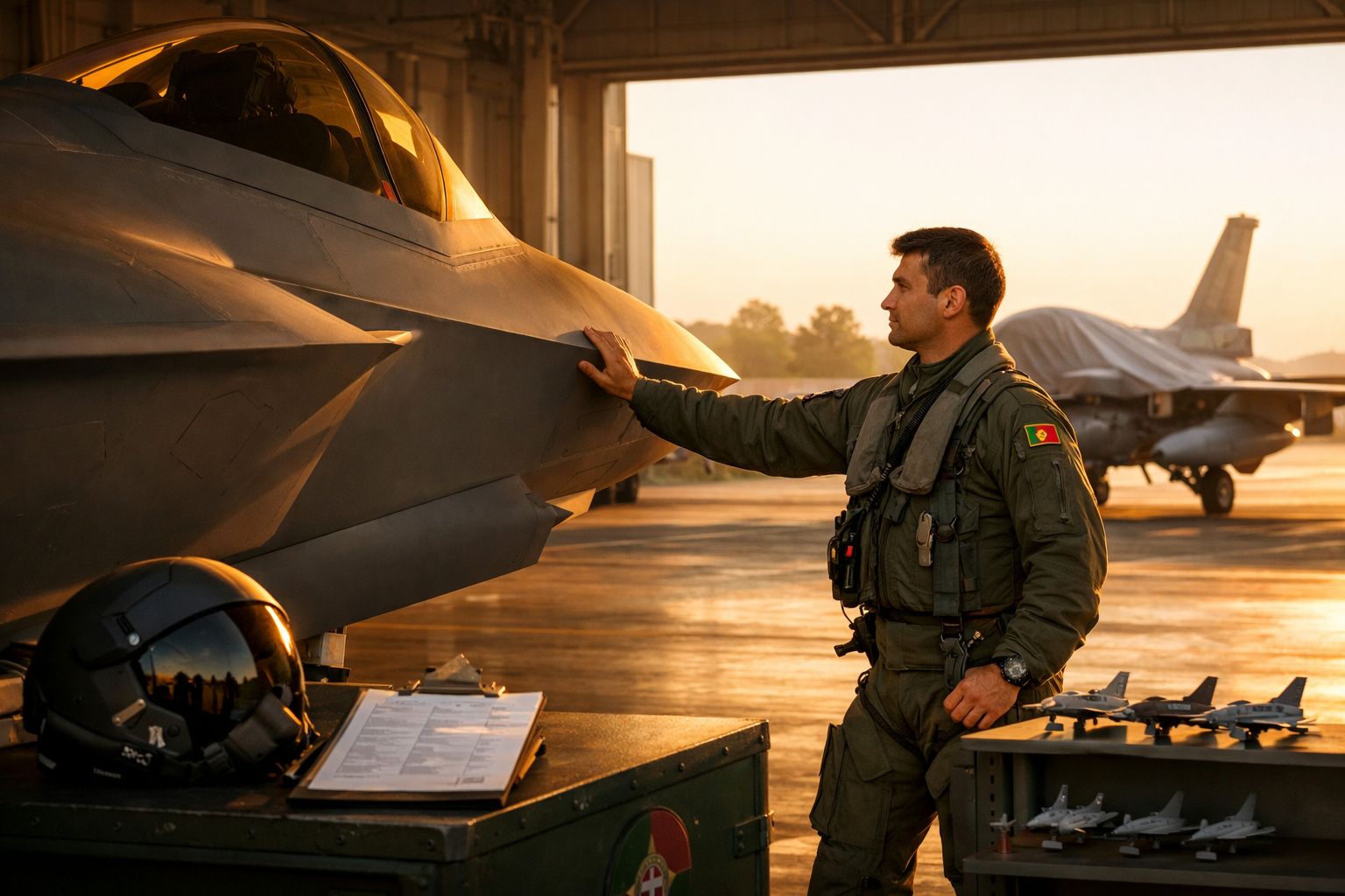 Piloto de aviação segura capacete e aponta, enquanto outro oficial usa tablet, com aviões ao fundo em hangar iluminado.