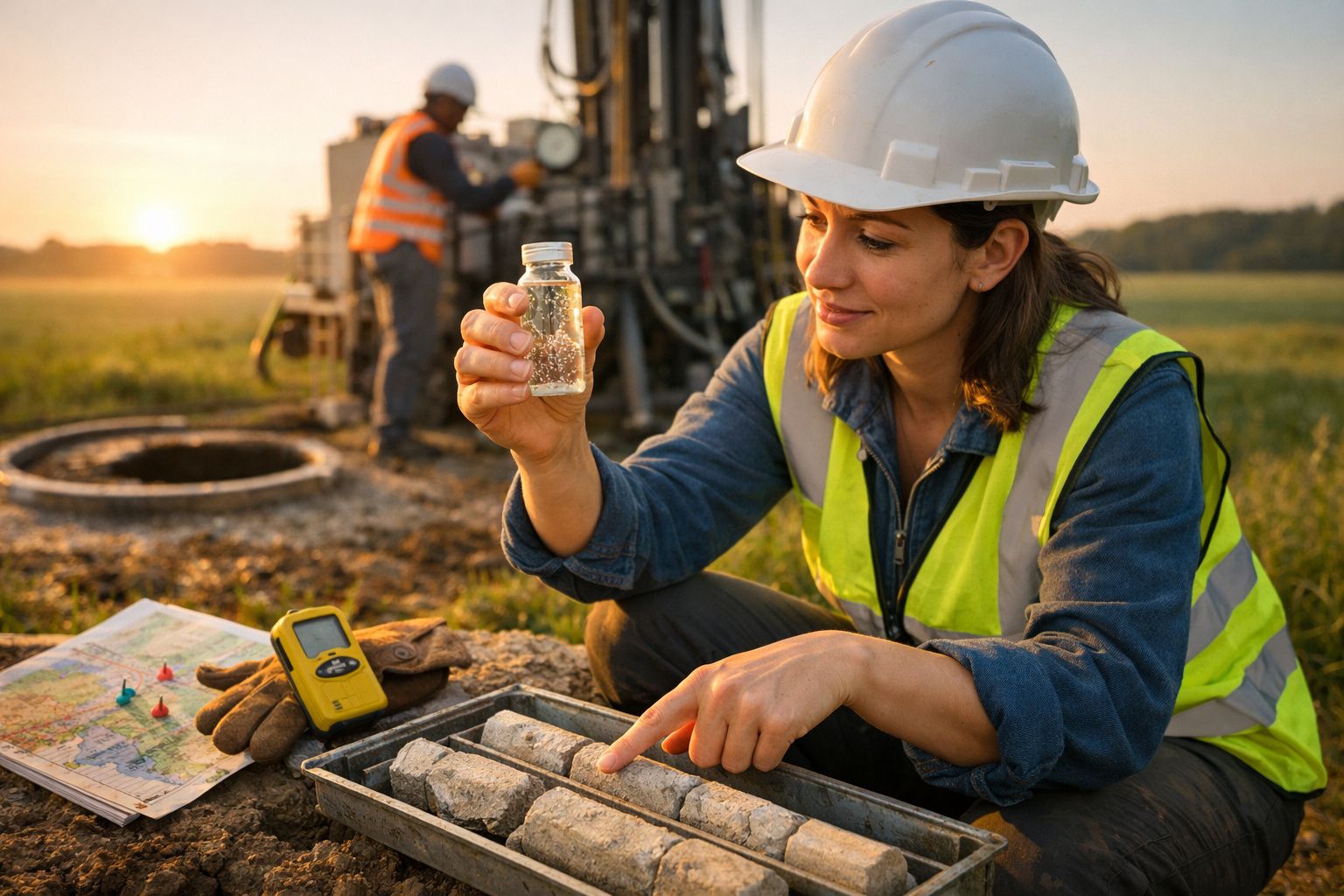 Mulher examina amostra de solo num frasco, com mapa e ferramentas ao lado, enquanto outra pessoa trabalha ao fundo.
