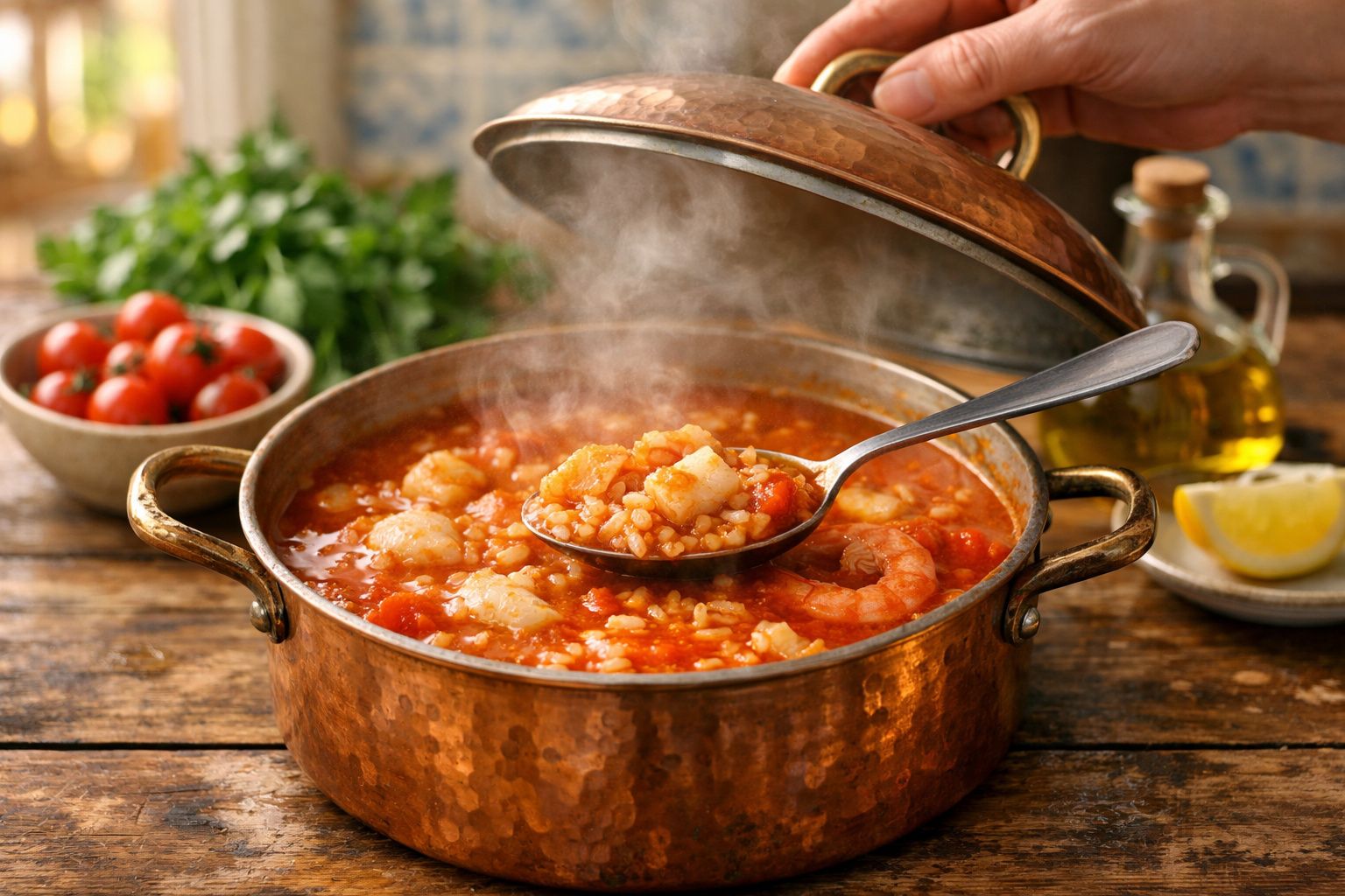 Panela de arroz de marisco fumegante, com camarões e molho de tomate, sobre mesa rústica de madeira.