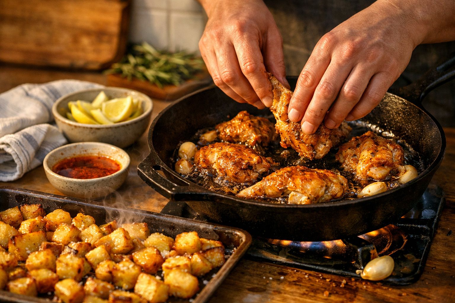 Mãos preparando frango assado numa frigideira, acompanhado de batatas fritas no forno e temperos ao lado.