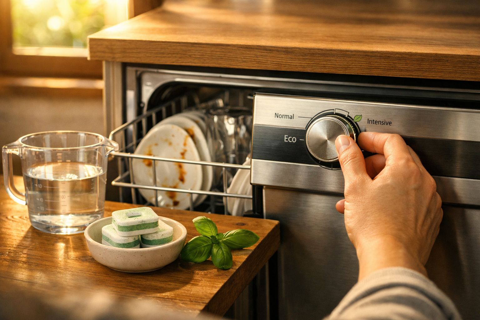 Mão ajusta programa de máquina de lavar loiça com prato sujo, copo de água e pastilhas de detergente ao lado.