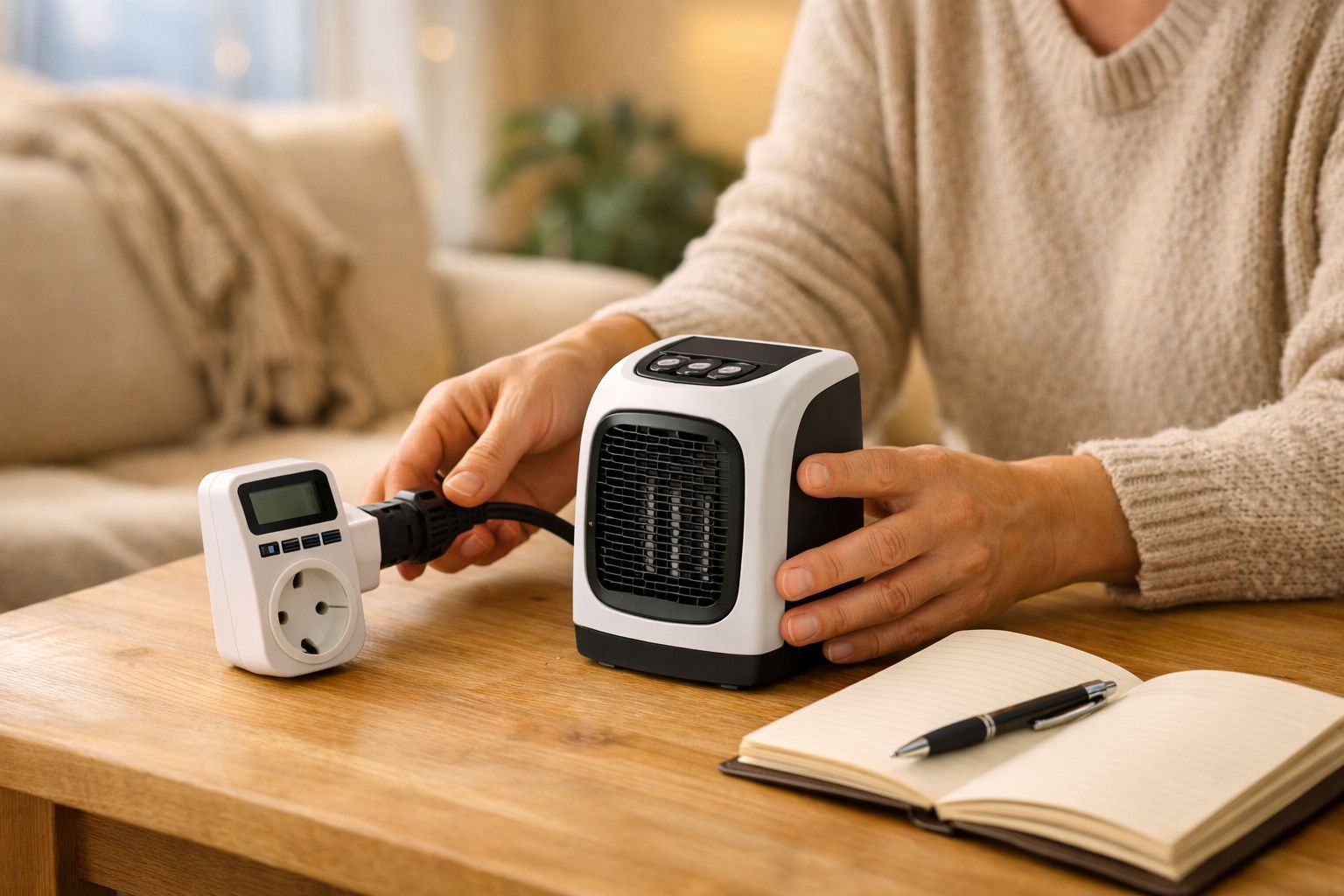 Pessoa liga um aquecedor elétrico enquanto toma notas num caderno, sobre uma mesa de madeira na sala de estar.