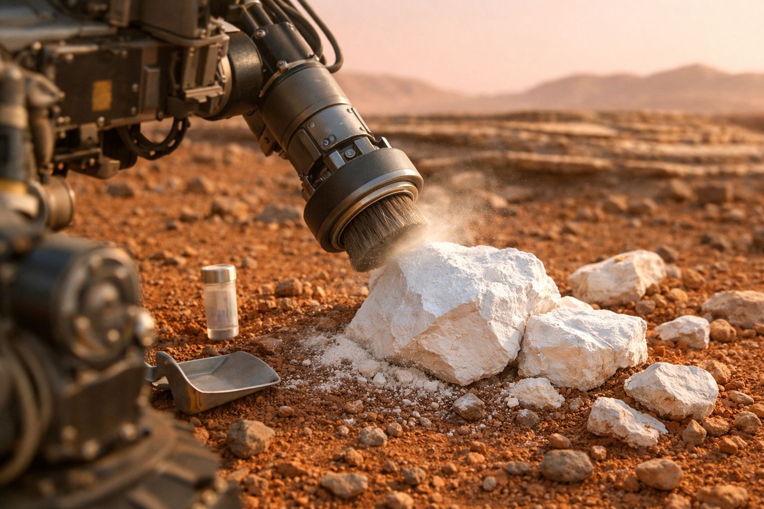 Braço robótico a escovar uma rocha branca grande no solo arenoso de um deserto, com montanhas ao fundo.