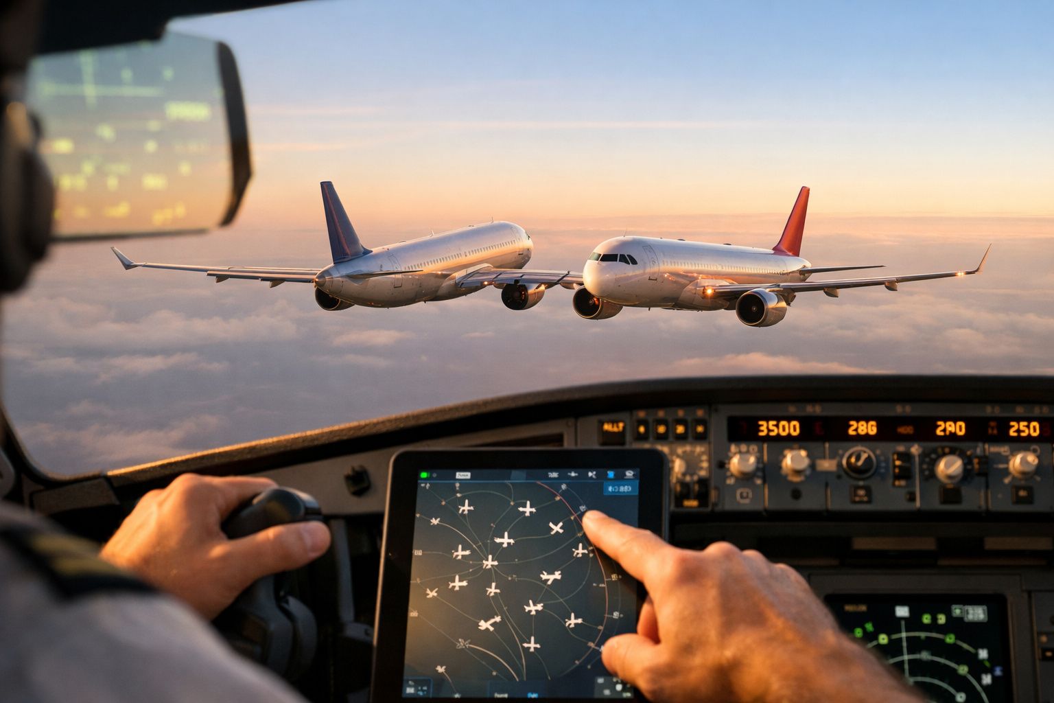 Piloto no cockpit observa dois aviões em voo próximo no céu, utilizando um tablet para monitorizar o tráfego aéreo.