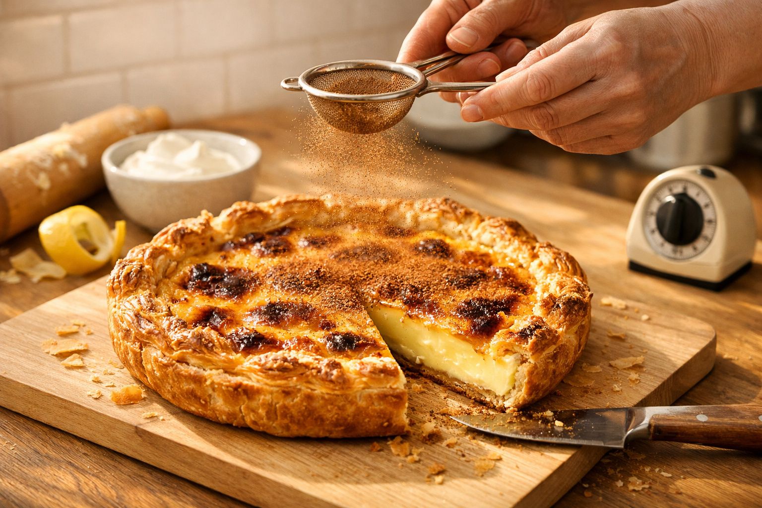 Tarte de pastel de nata com canela a ser polvilhada, numa cozinha, com ingredientes ao redor.