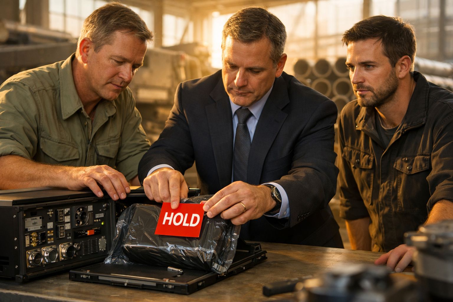 Três homens observam um dispositivo eletrônico numa mesa, com um deles segurando uma tarjeta vermelha escrita "HOLD".