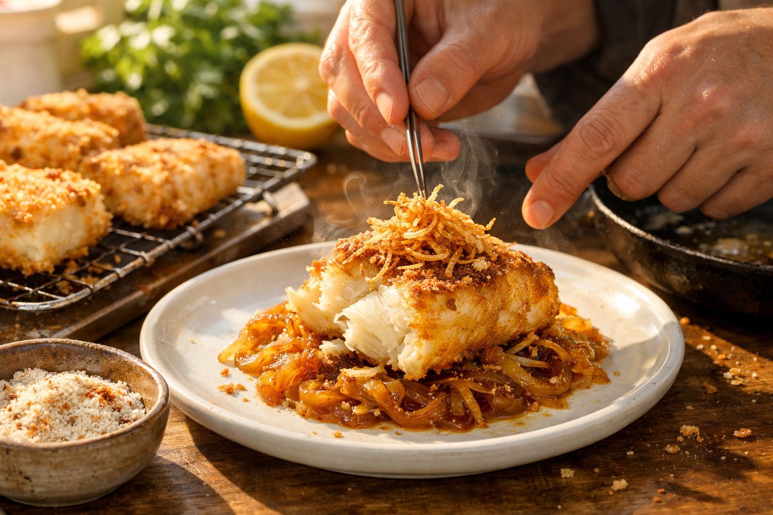 Pessoa a decorar bacalhau panado com cebolas caramelizadas num prato, com limão e pão ralado ao fundo.