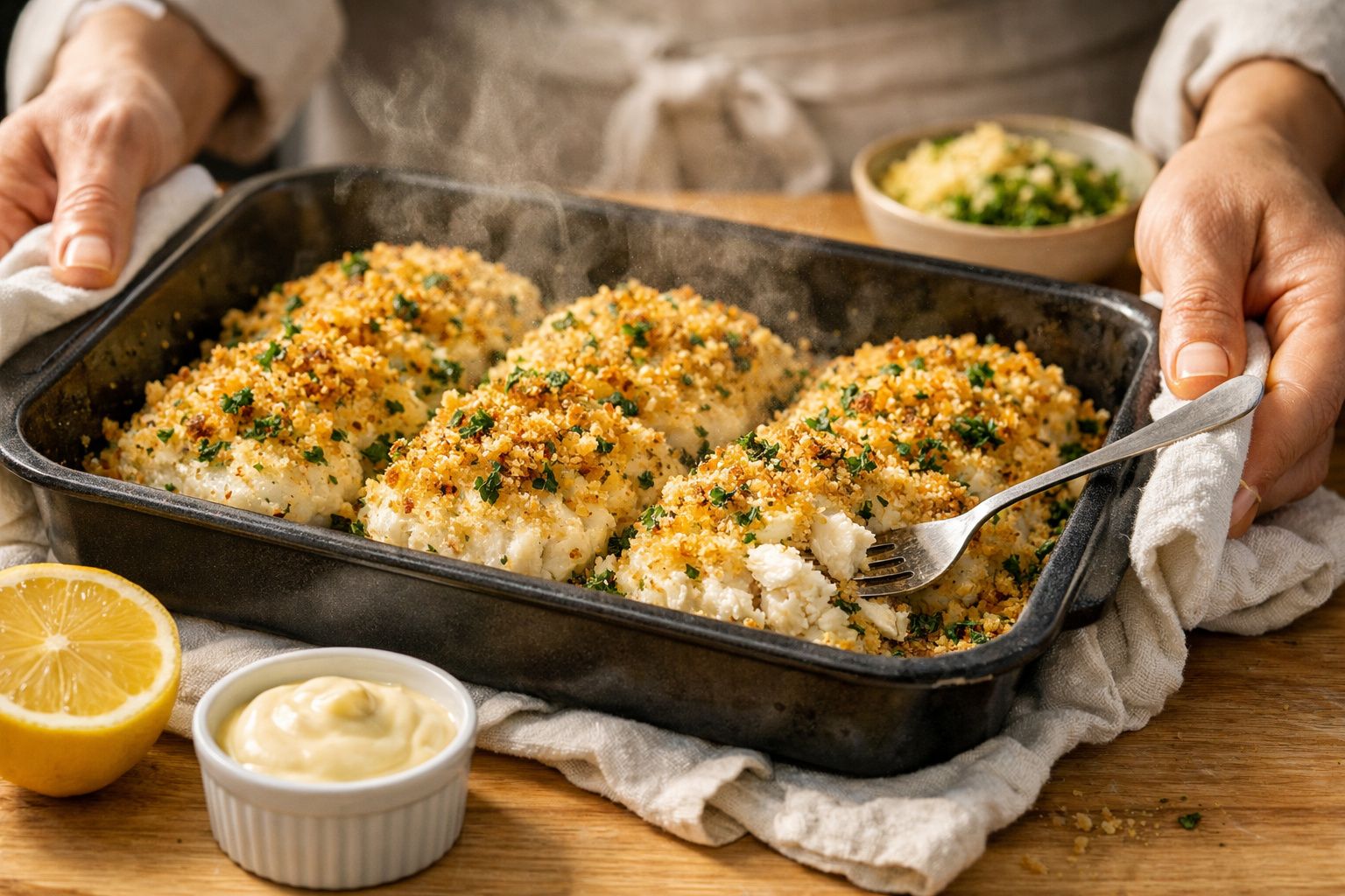 Mãos seguram travessa com bacalhau gratinado, crosta dourada, em mesa com limão, molho e sal.