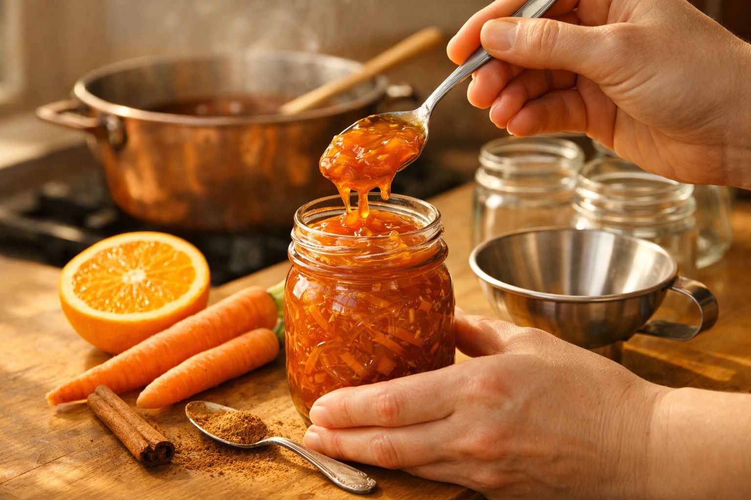 Mãos a colocar compota de laranja num frasco de vidro, com cenouras e especiarias ao lado.
