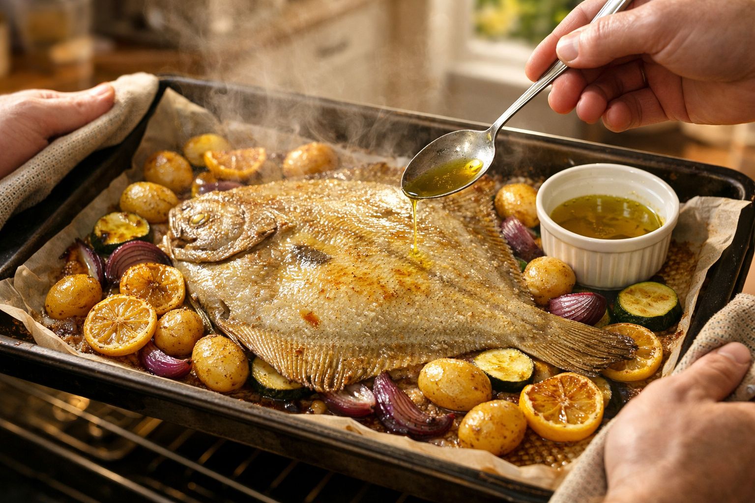 Peixe assado no forno com legumes e fatias de limão sobre uma assadeira, mãos espremendo limão por cima.