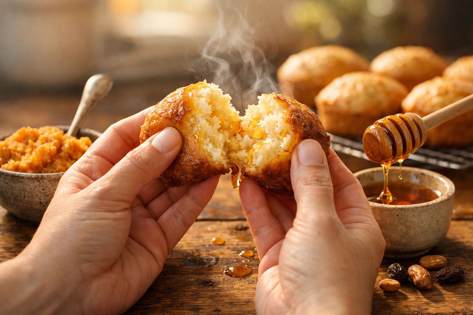 Close-up de mãos abrindo um pão doce com mel a escorrer, em fundo de pães dourados e tigela de ingredientes.