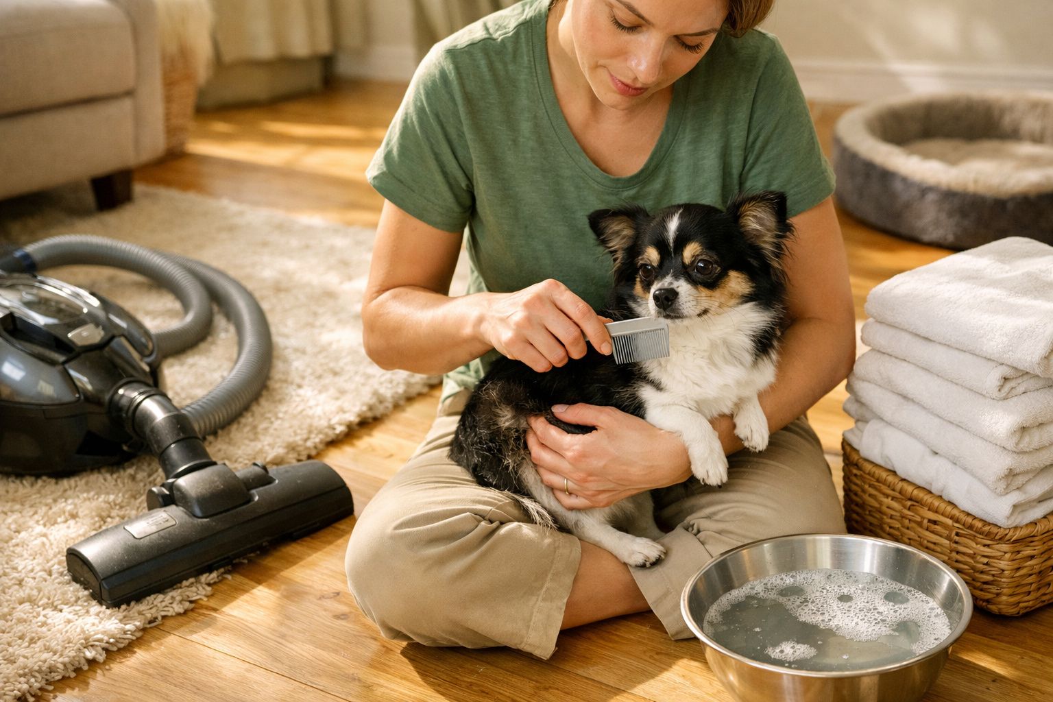 Mulher a limpar o chão junto a cão a dormir numa cama de pelúcia ao lado de cesto de roupa e produtos de limpeza.