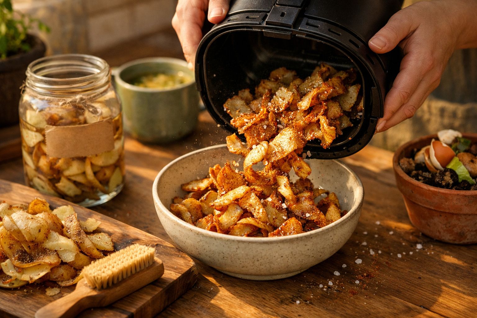 Pessoa a servir batatas fritas crocantes temperadas numa tigela, com potes e comida ao redor sobre uma mesa de madeira.