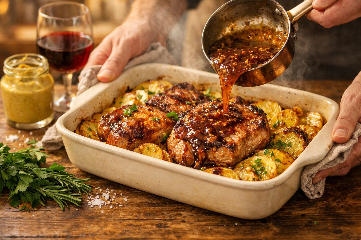 Quatro bifes suculentos em tabuleiro de forno com batatas; molho de vinho a ferver ao lado.