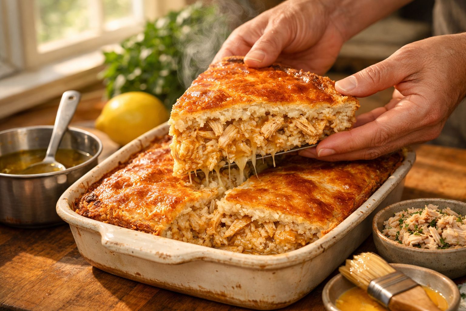 Pessoa serve pedaço de torta de arroz com recheio de frango. Ao lado, molho dourado em jarra de vidro.
