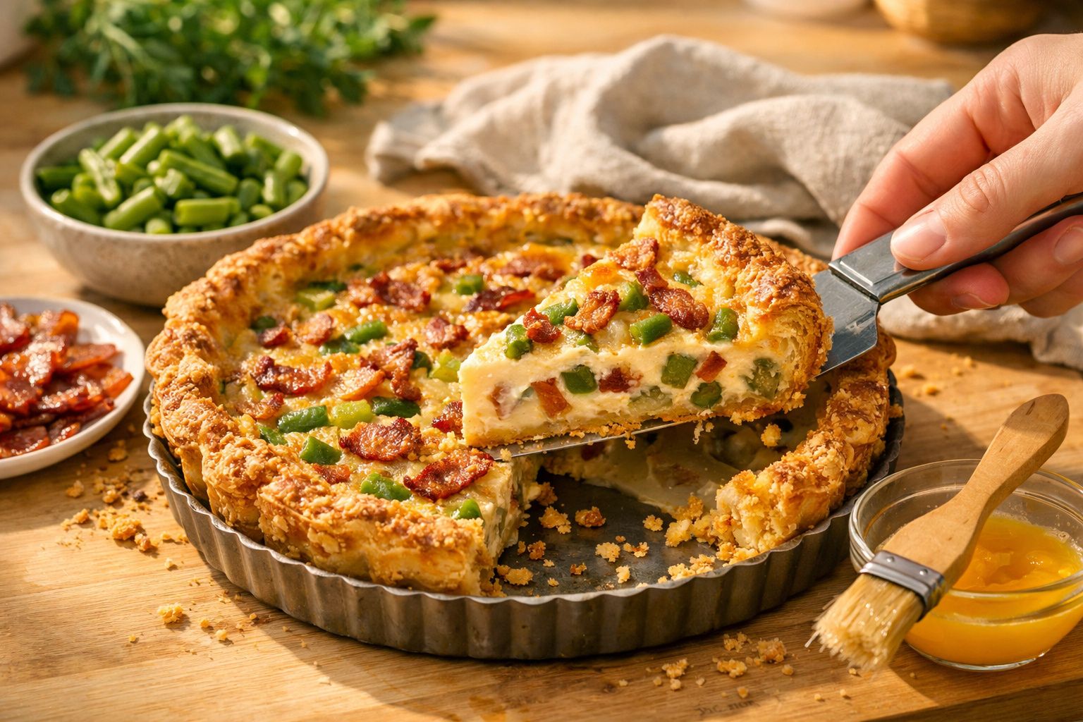 Tarte de legumes e bacon em fatia, pratos com feijão verde ao fundo.