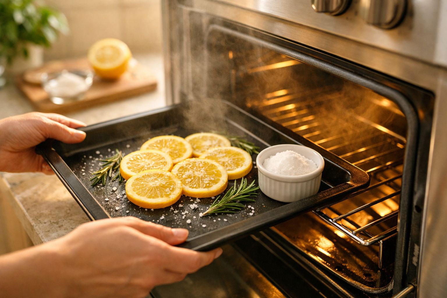 Mão colocando uma fatia de limão numa bandeja no forno, ao lado de um copo de água e temperos na mesa.