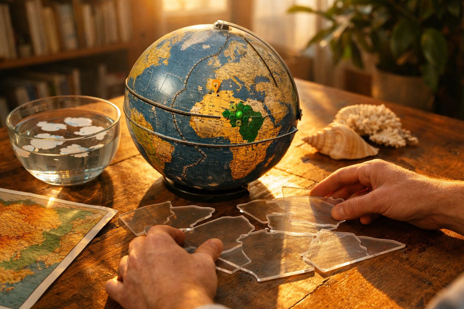 Pessoa a montar peças de puzzle transparentes junto a um globo e um mapa sobre uma mesa de madeira.