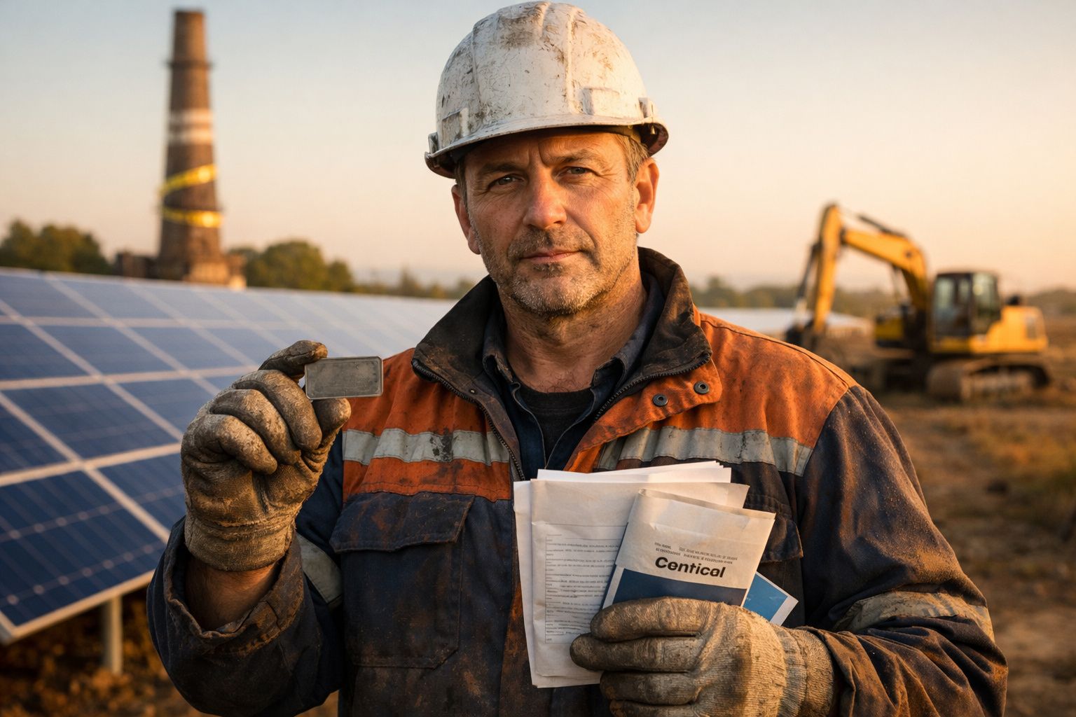 Trabalhador da construção civil com capacete e documentos, posando em frente a painéis solares e escavadora ao fundo.